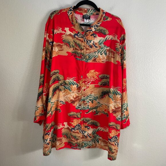 Citron Santa Monica Womens Plus 2X Mandarin Collar Asian Print Tunic Top Blosue - Picture 7 of 12